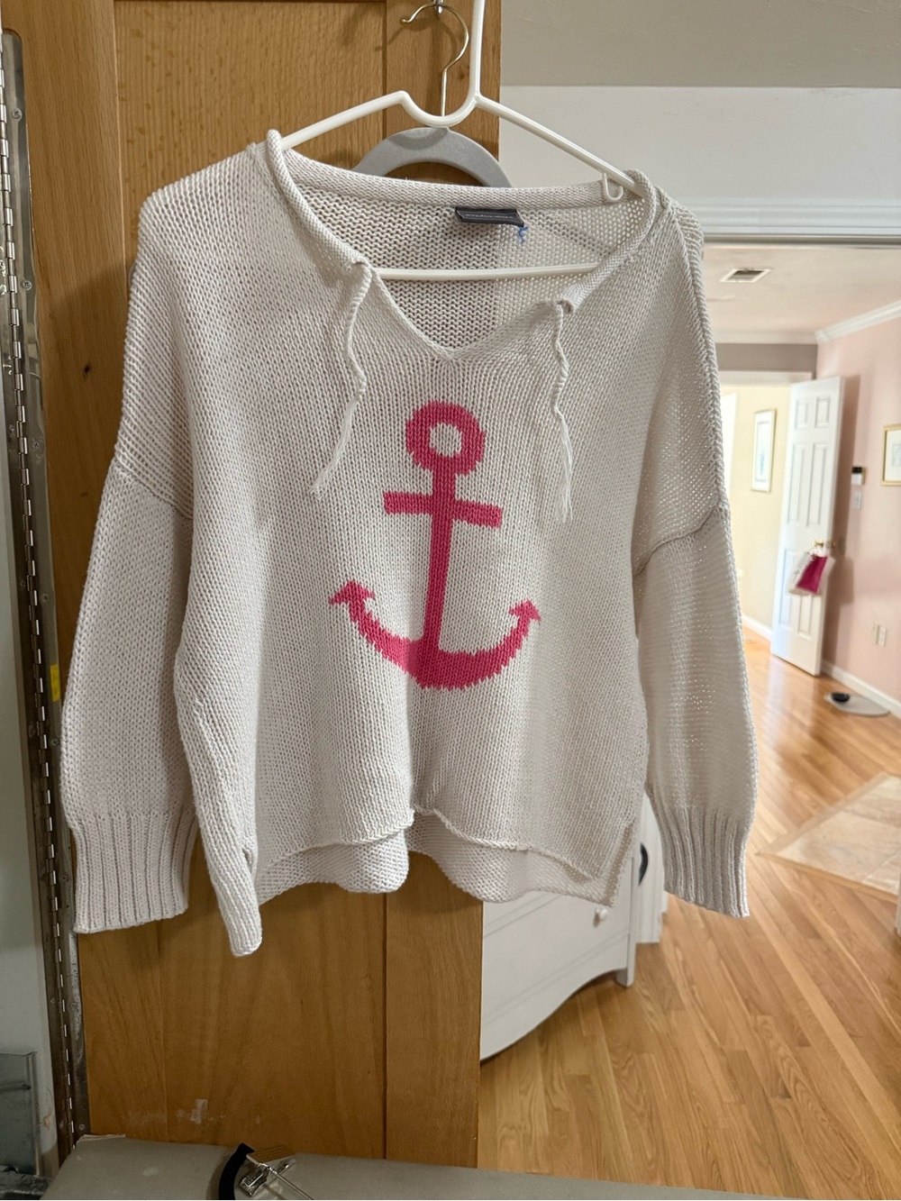 Wooden Ships Cream Knit Sweater with Pink Anchor
